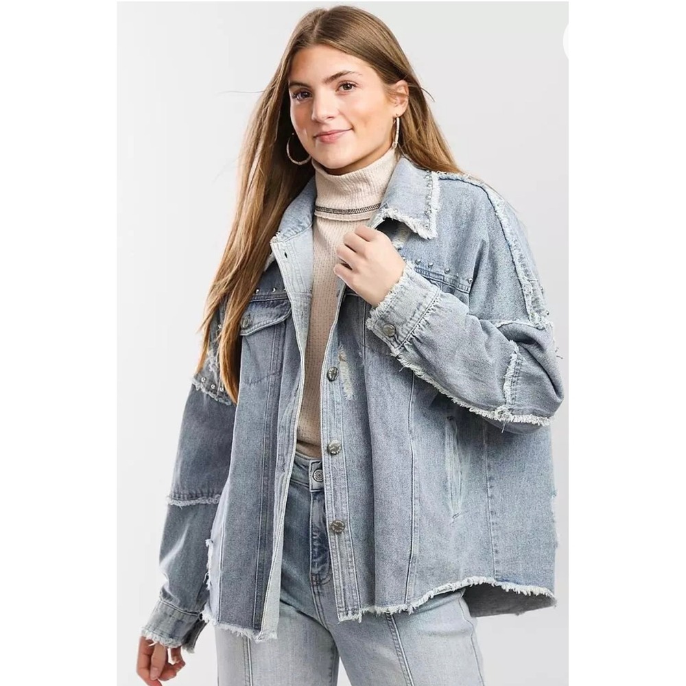 Miss‎ Me Studded Denim Jacket Distressed Frayed Cropped Y2K Women's Small
